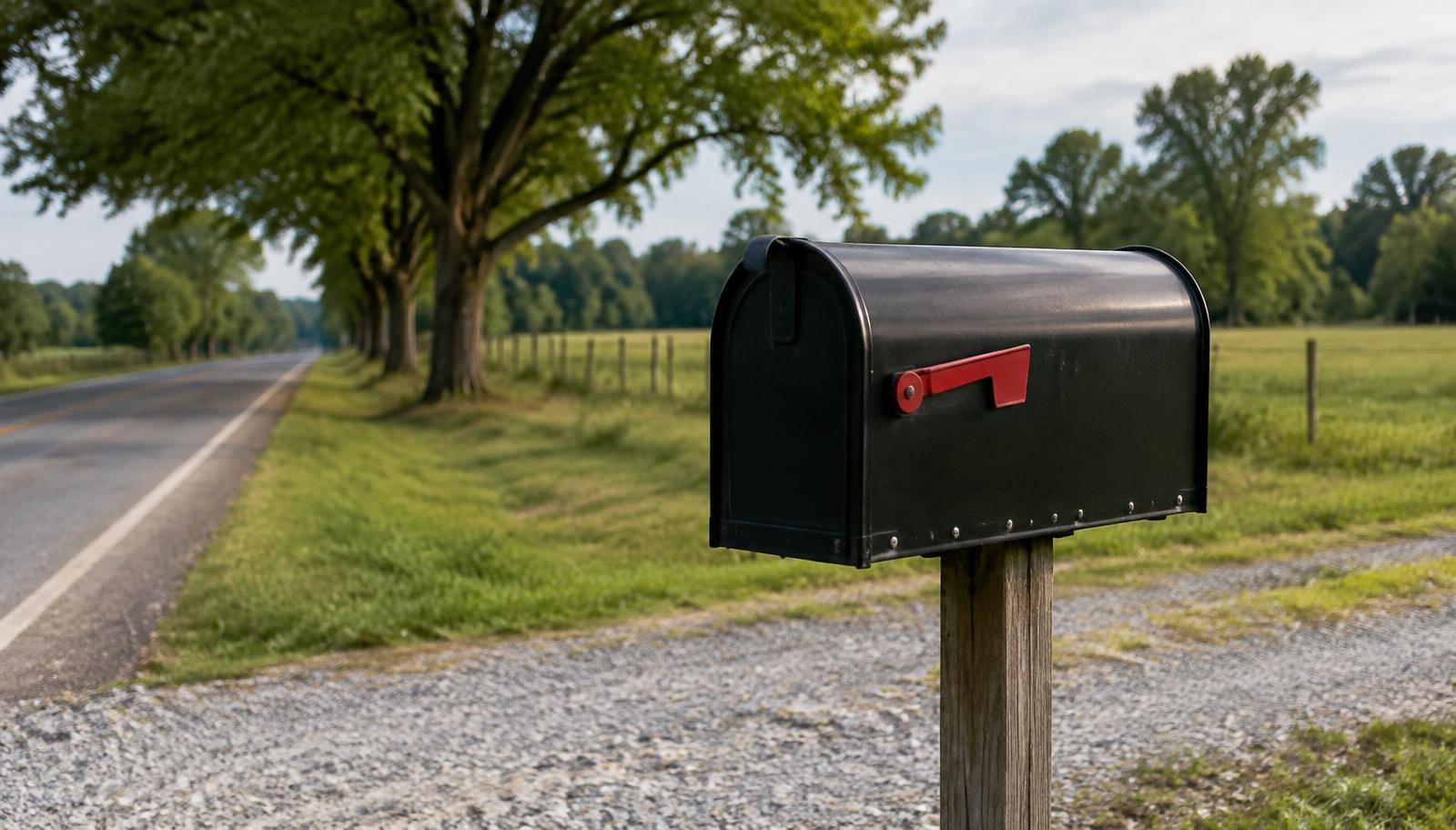 Illustrative photo: a roadside mailbox beside a gravel driveway