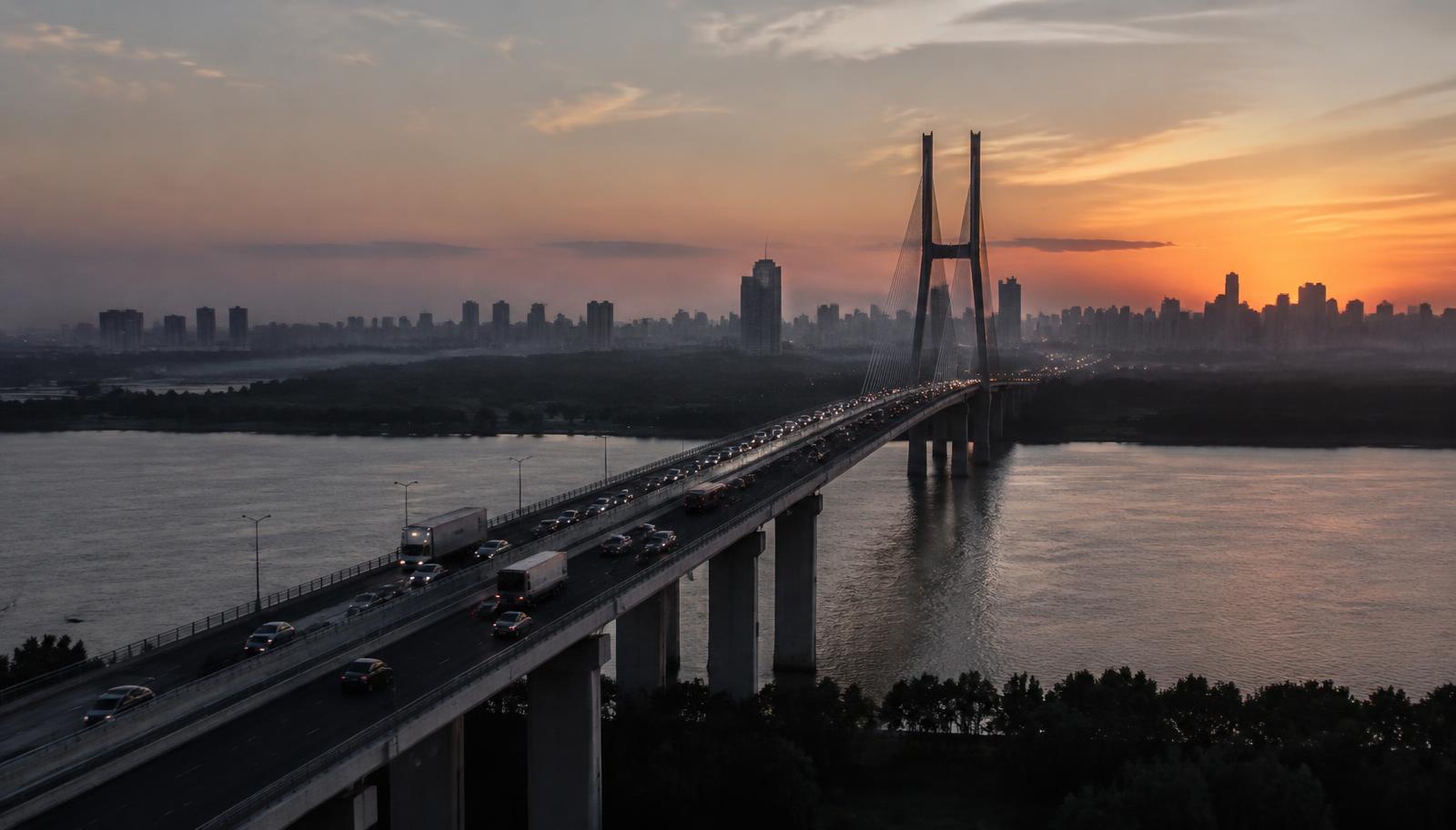 Illustrative photo: traffic crossing a river bridge at sunset