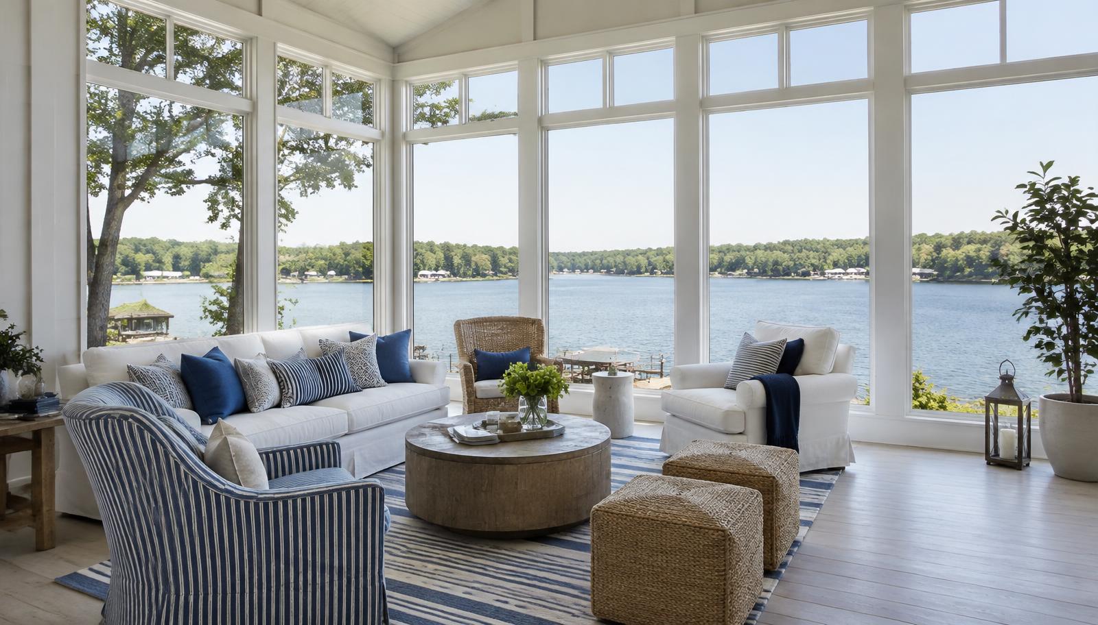 Illustrative photo: a lake house sunroom with water views