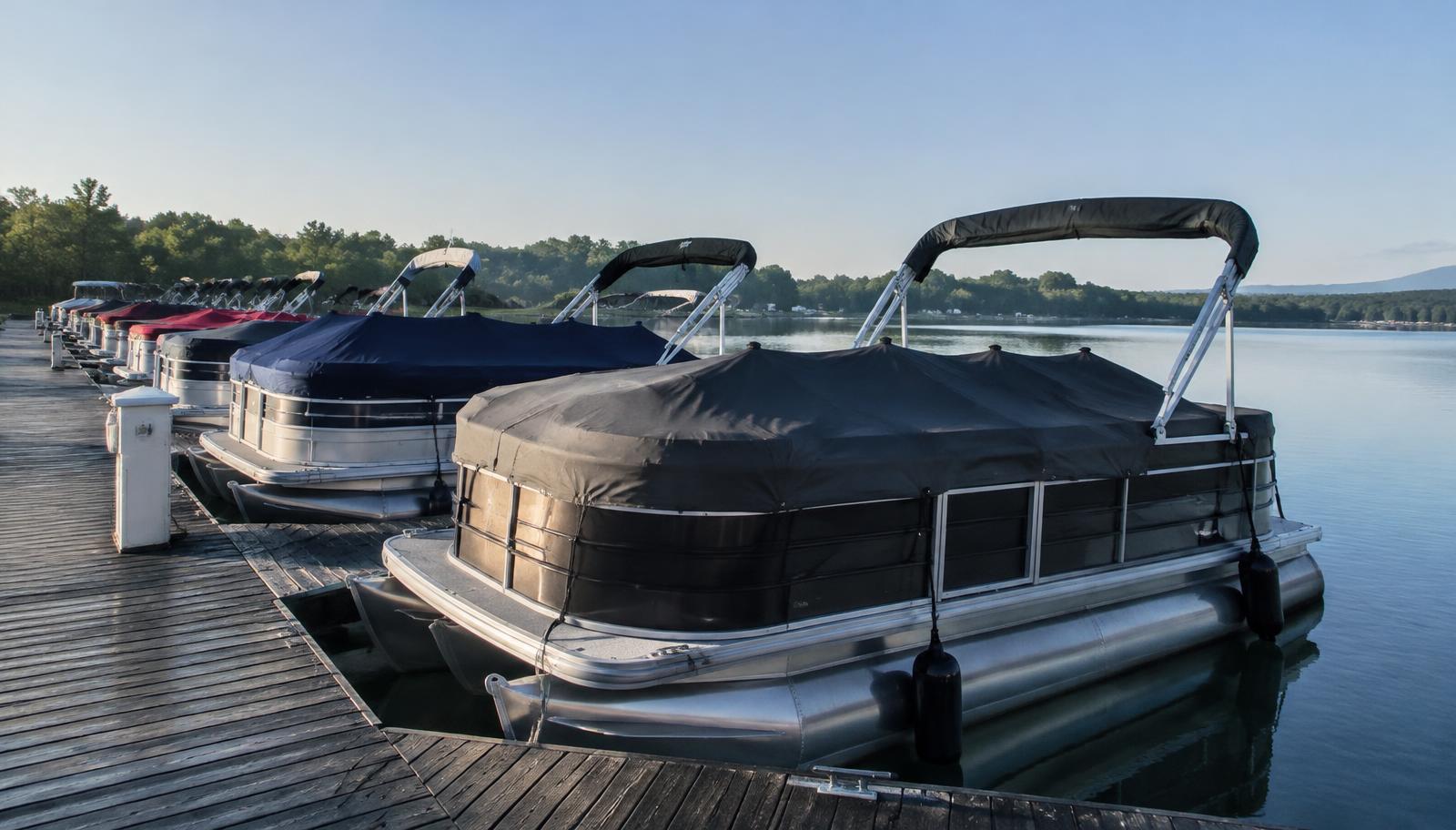 Illustrative photo: pontoon boats in community marina slips