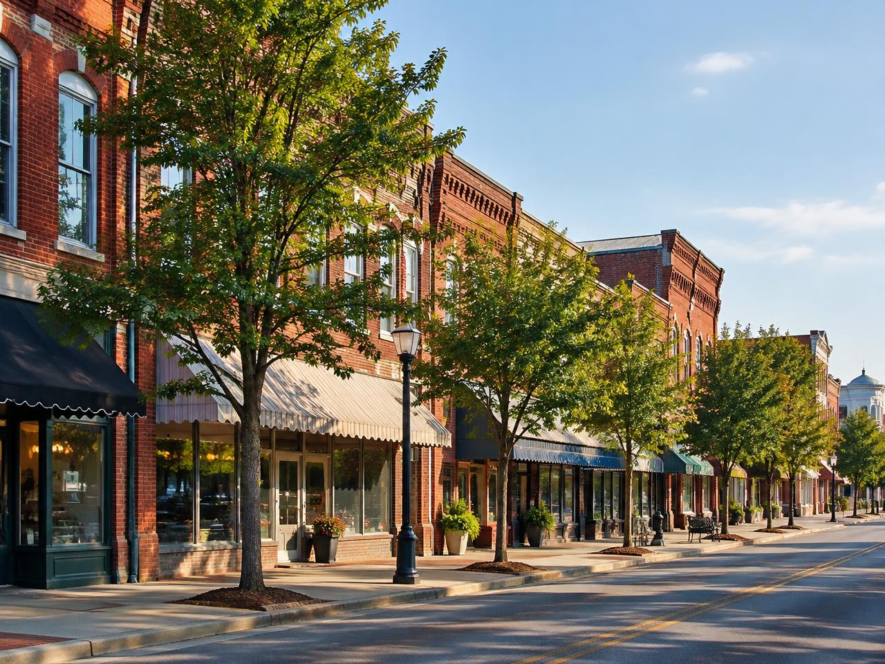 Illustrative photo: brick storefronts along a small-town main street