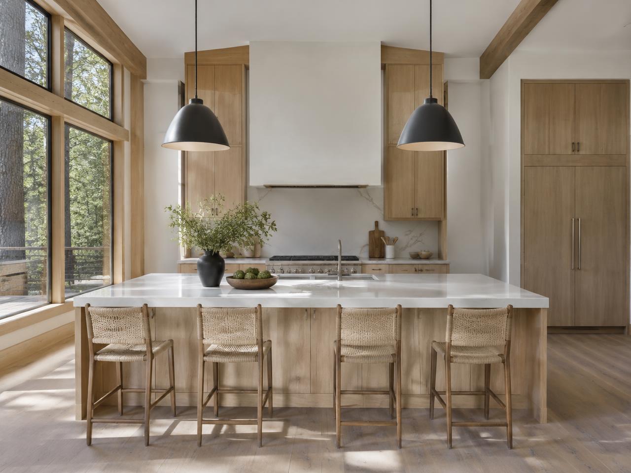 Illustrative photo: a custom white oak kitchen with pendant lights