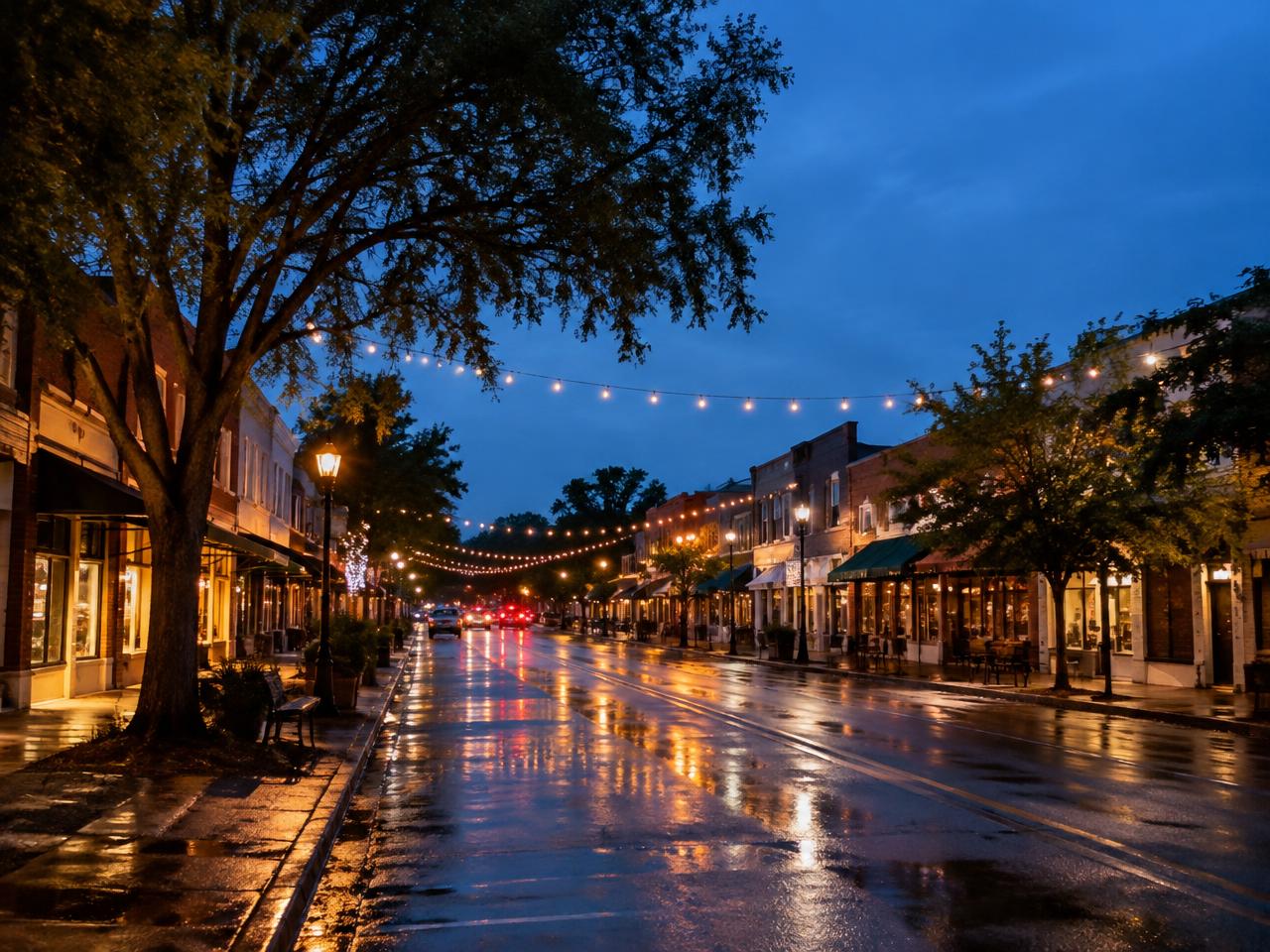 Illustrative photo: a small-town main street glowing at blue hour