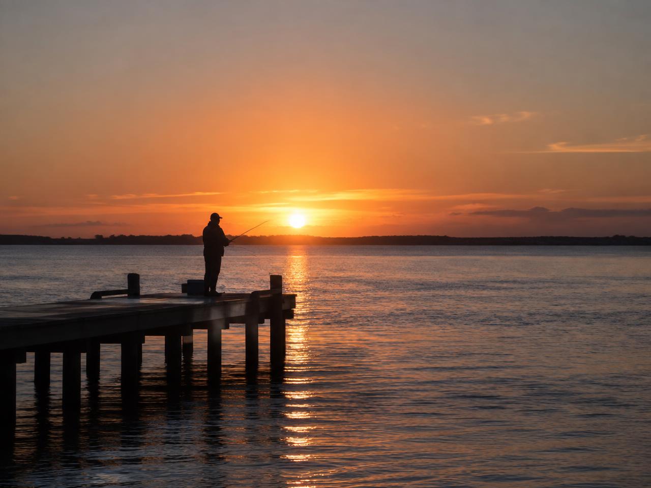 Illustrative photo: an angler on a fishing pier at sunset