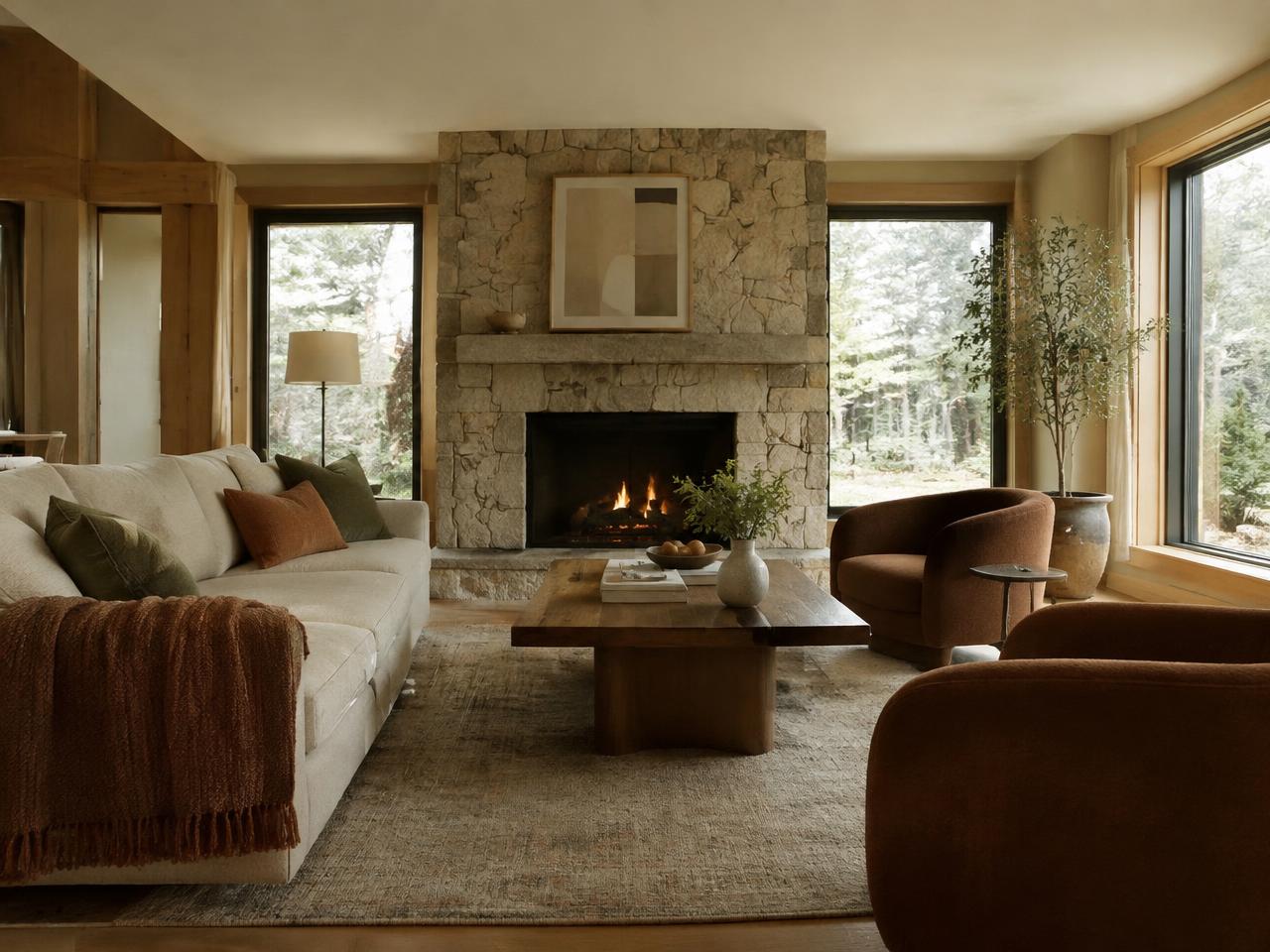 Illustrative photo: a warm living room with stone fireplace and wooded views