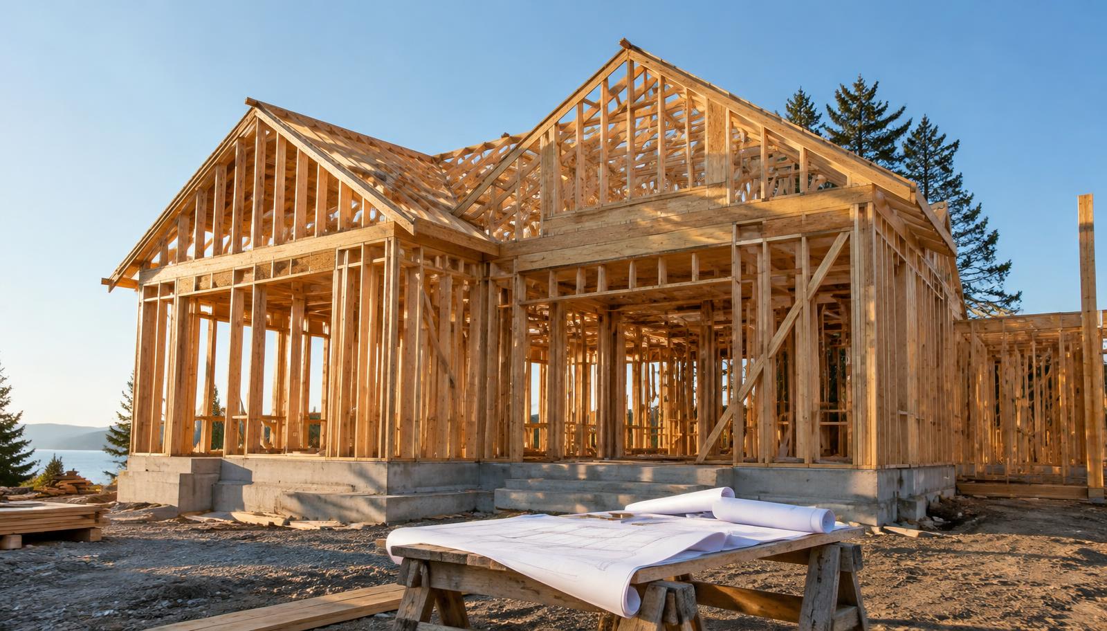 Illustrative photo: a framed custom home with blueprints on a sawhorse