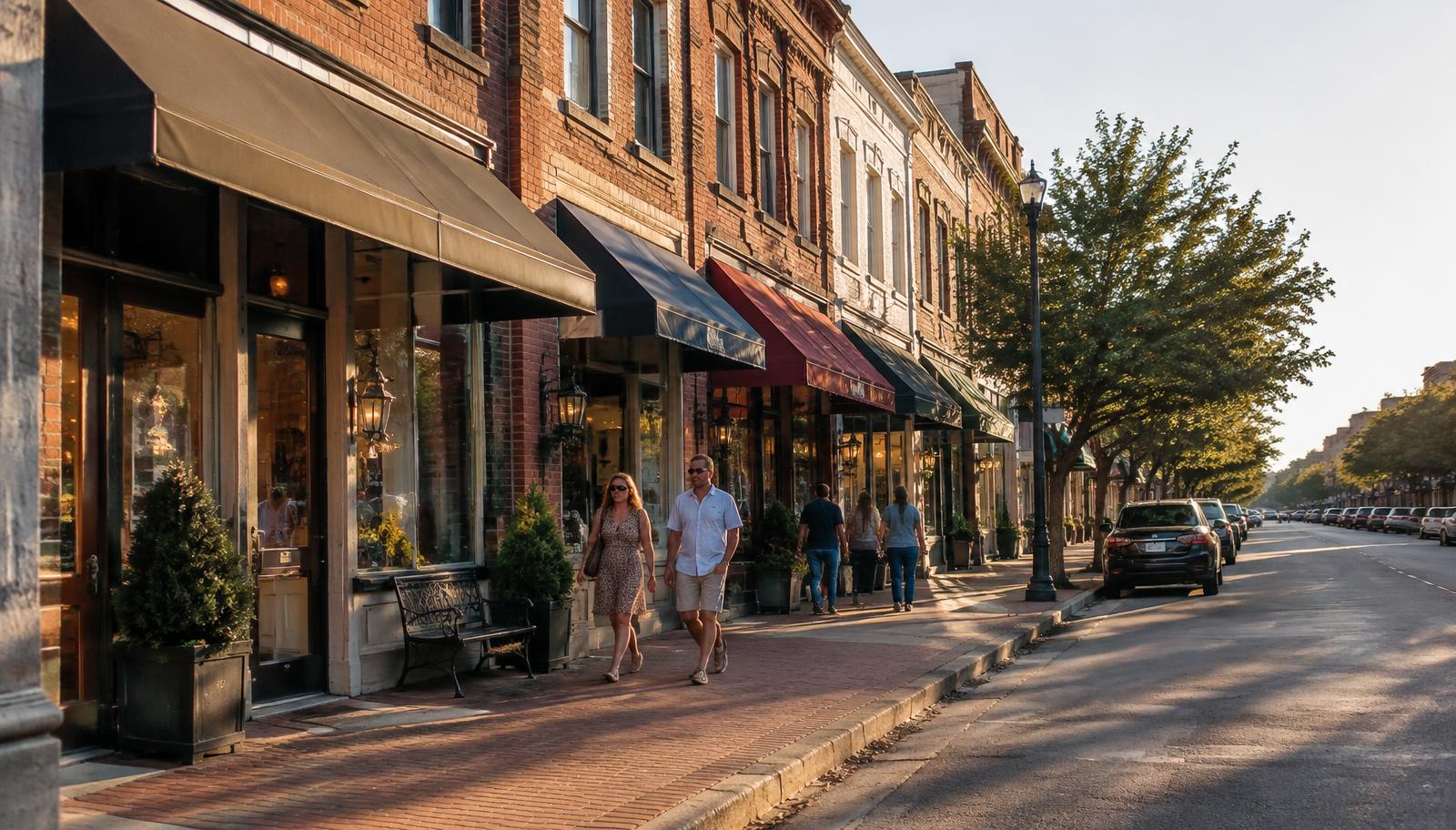 Illustrative photo: people walking past brick storefronts with awnings