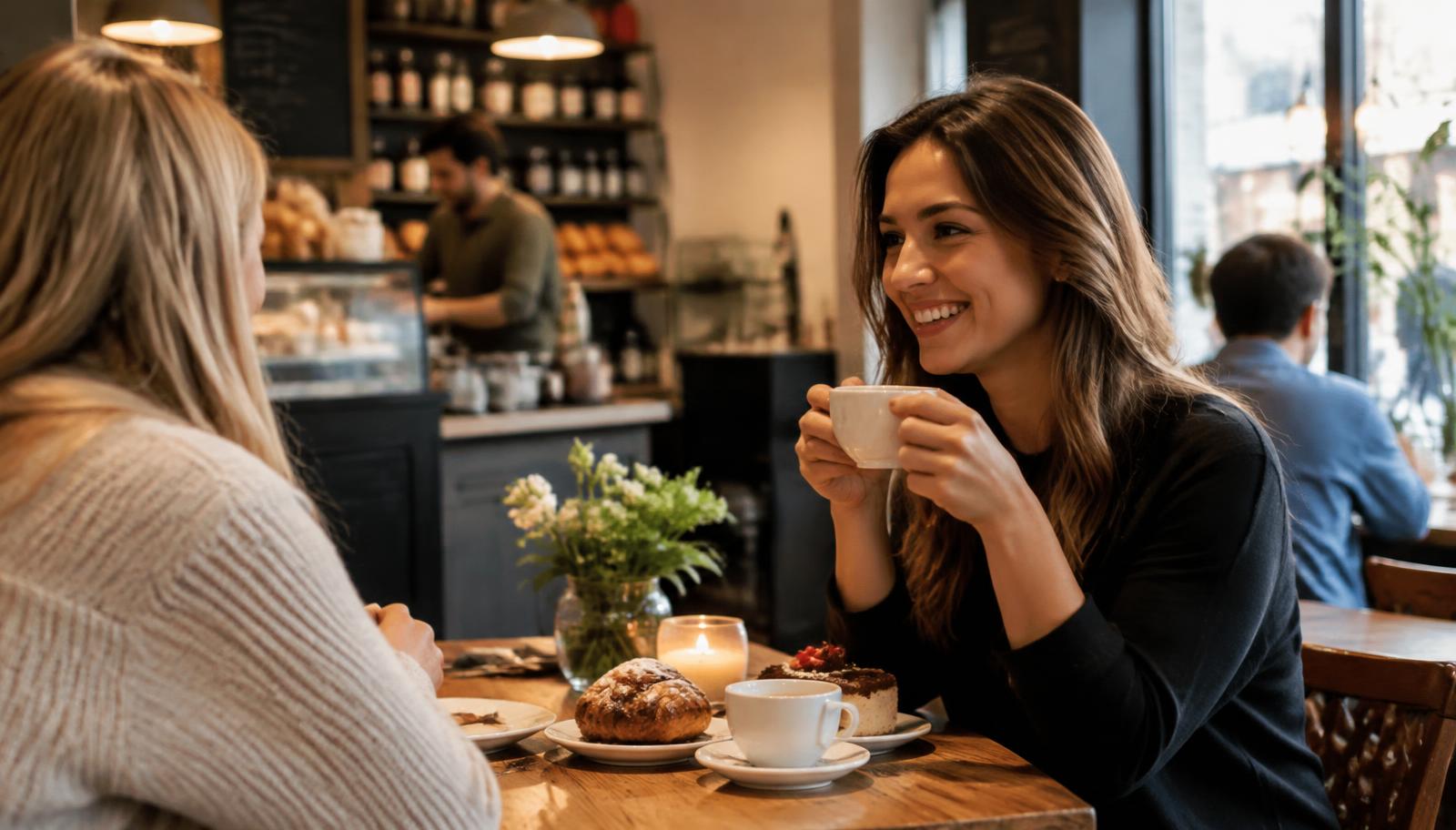 Illustrative photo: friends sharing coffee and pastries in a cafe