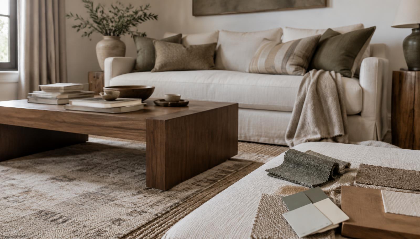 Illustrative photo: a neutral living room with fabric and paint samples