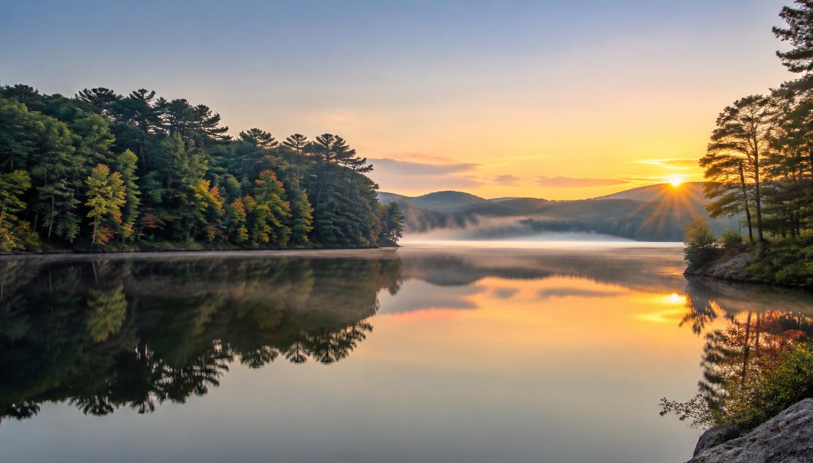 Illustrative photo: a forested reservoir lake at sunrise