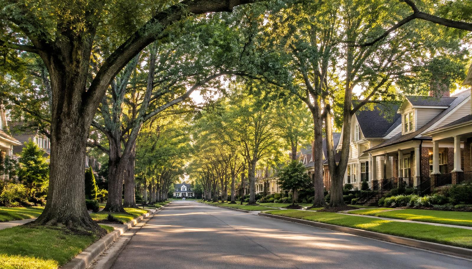 Illustrative photo: a tree-lined residential street with porches