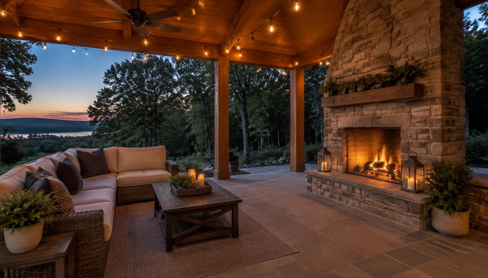 Illustrative photo: a covered patio with stone fireplace at twilight
