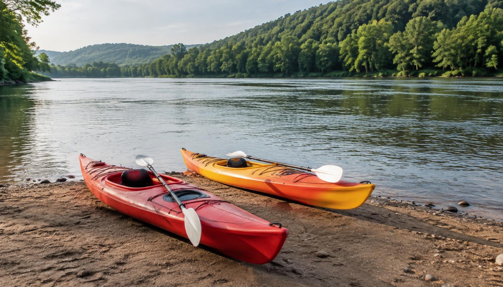 Illustrative photo: two kayaks on a sandy river launch