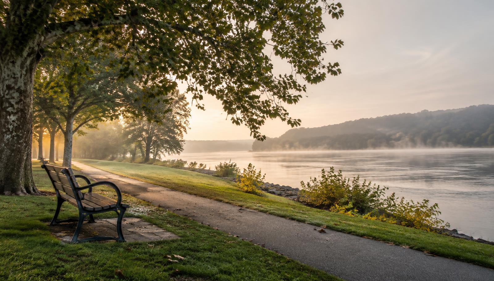 Illustrative photo: a riverside park bench and path in morning mist
