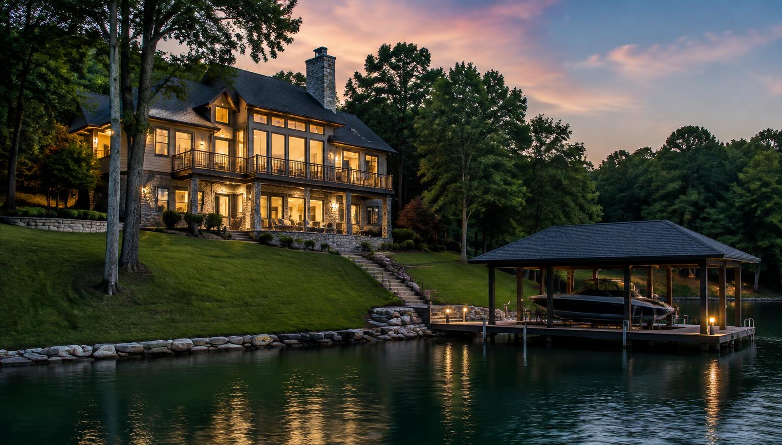 Illustrative photo: a lakefront home with a covered boat dock at dusk